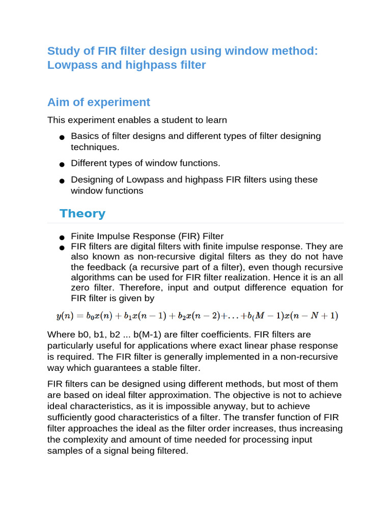FIR Filter Design Using Window Method | PDF | Filter (Signal Processing ...