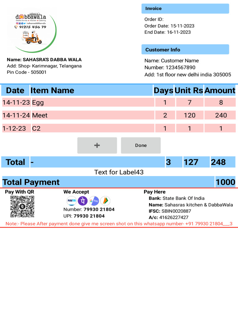 SAHASRA'S DABBA WALA Invoice Details | PDF