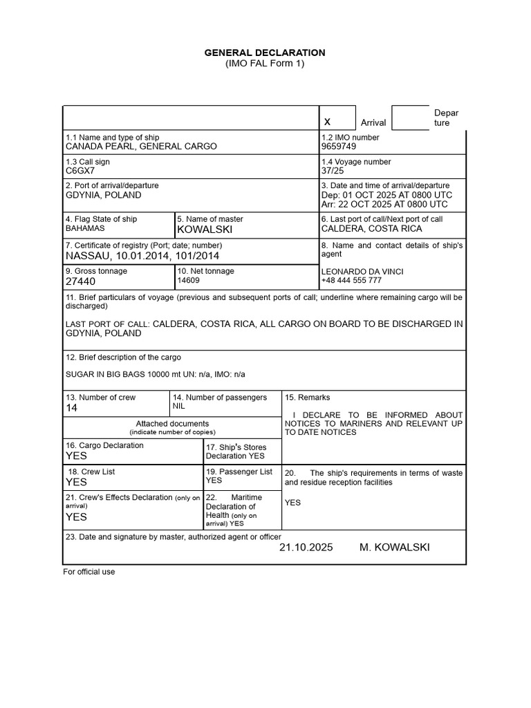 On Arr FAL FORM 1 | PDF | Water Transport | Shipping