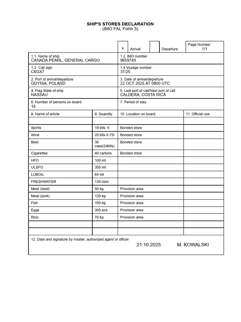 Ship's Stores Declaration for Canada Pearl | PDF