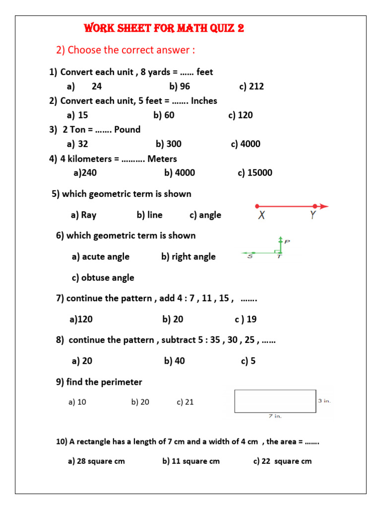 Grade 4 Math Quiz Worksheet | PDF