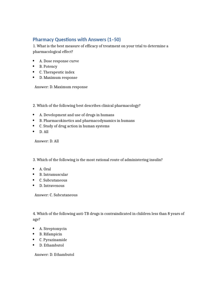 Pharmacy Q&A: 50 Key Concepts Explained | PDF | Pharmacology | Pharmacy