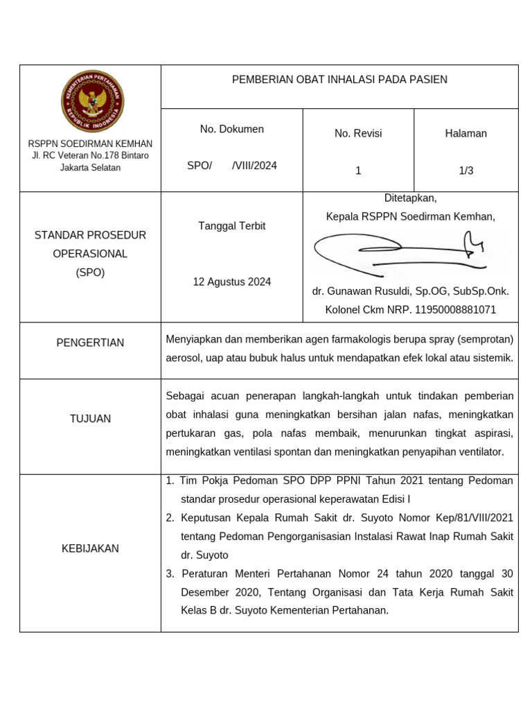 Spo Ranap Pemberian Obat Inhalasi Pada Pasien | PDF