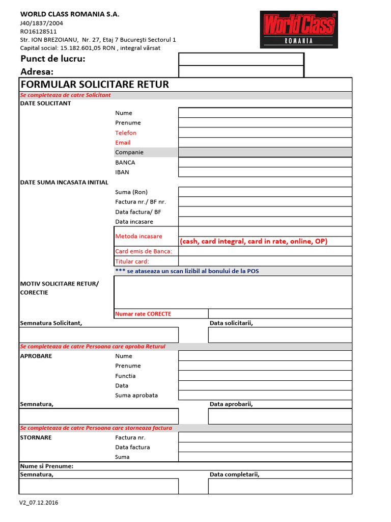 WCR - Formular Solicitare Retur | PDF