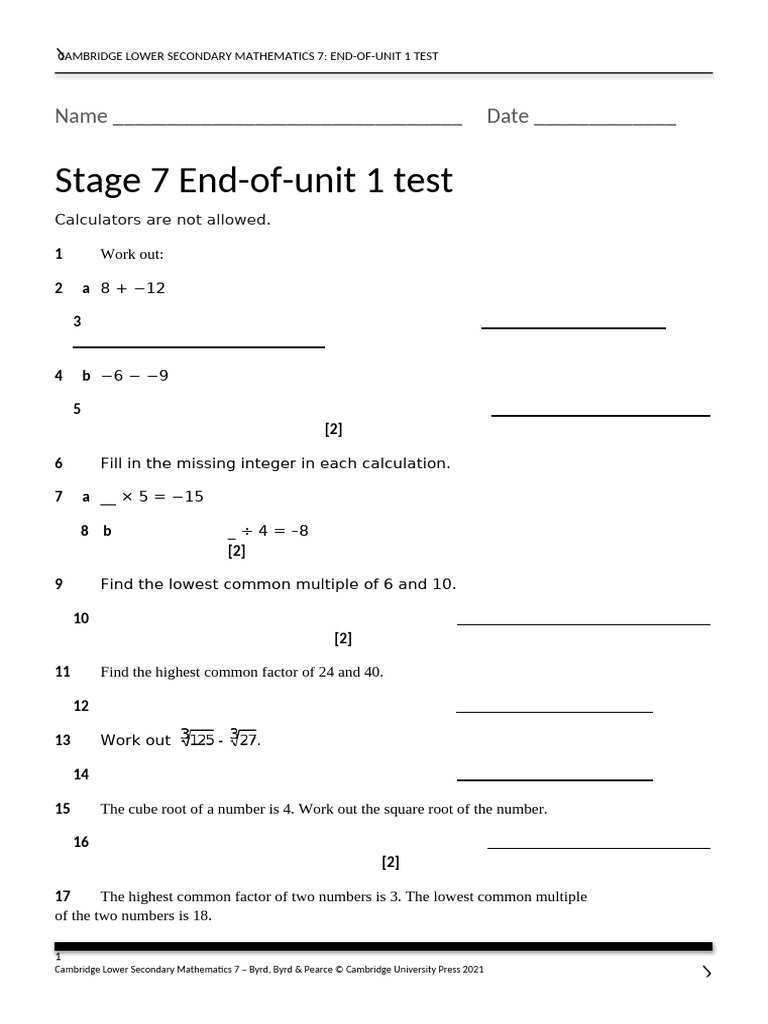 Cambridge Math 7 Unit 1 Test | PDF
