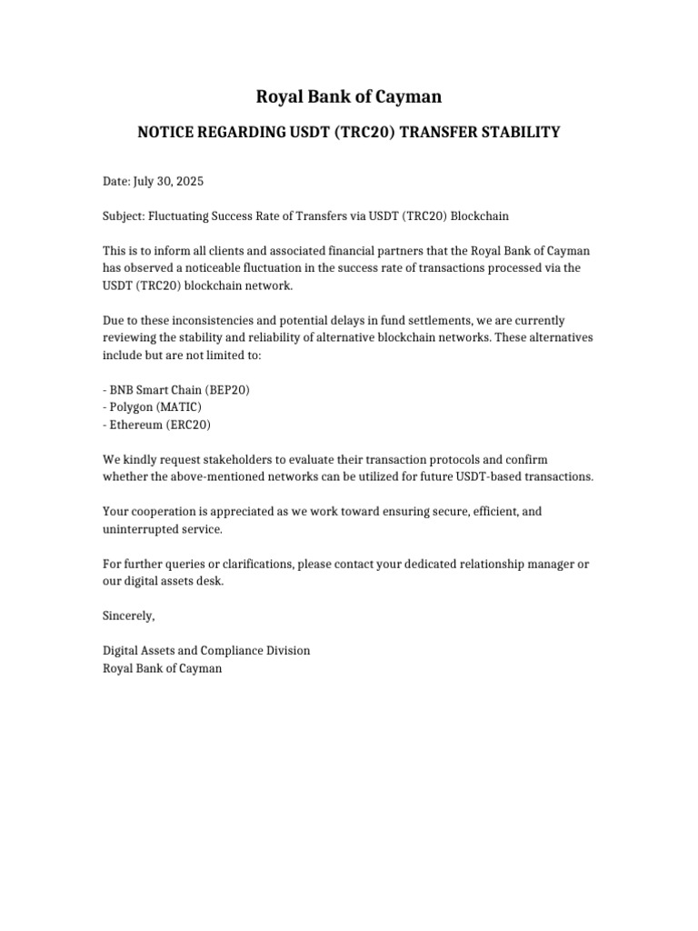 USDT (TRC20) Transfer Stability Notice | PDF
