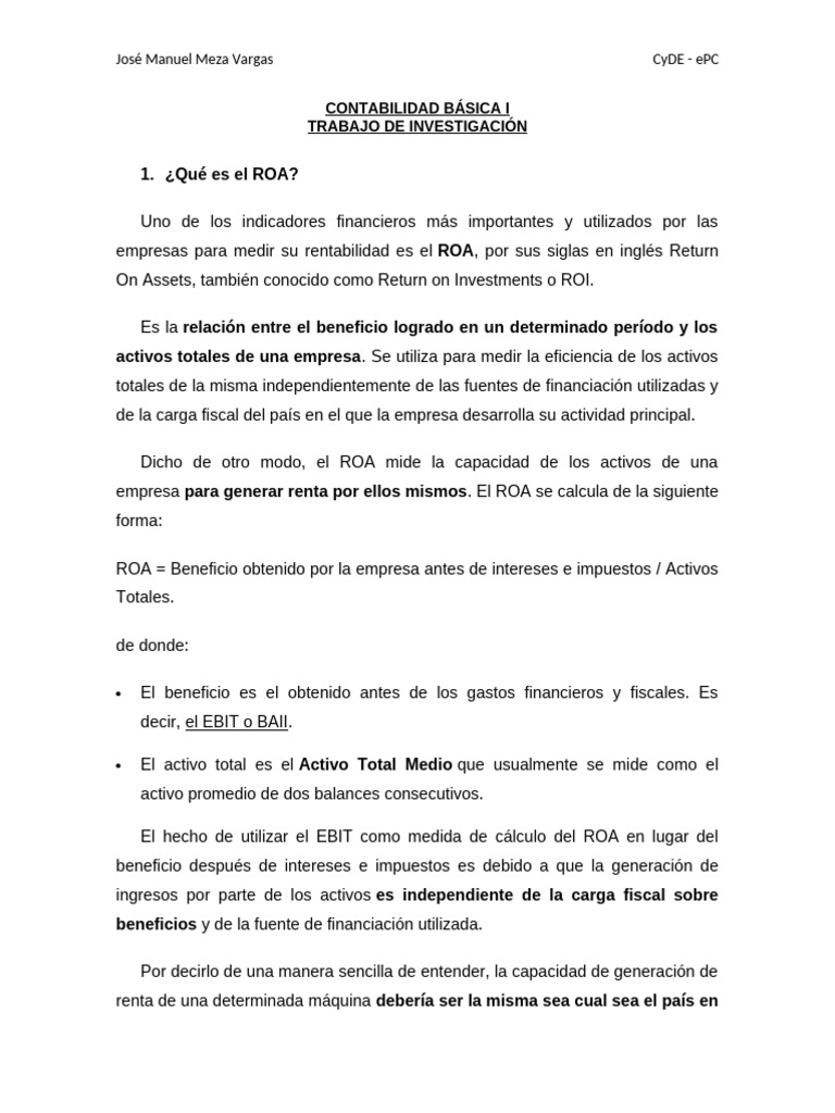 Fórmulas de ROA y ROE en Finanzas | PDF | Rentabilidad sobre recursos ...