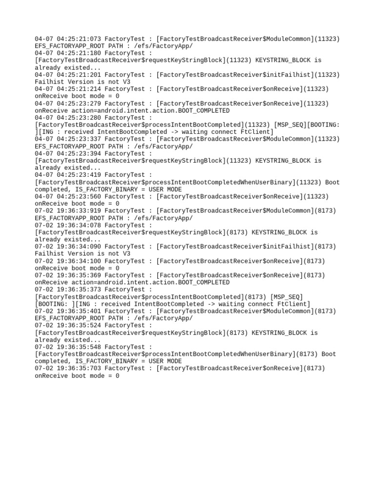 Factory Test Broadcast Receiver Logs | PDF | Software | System Software