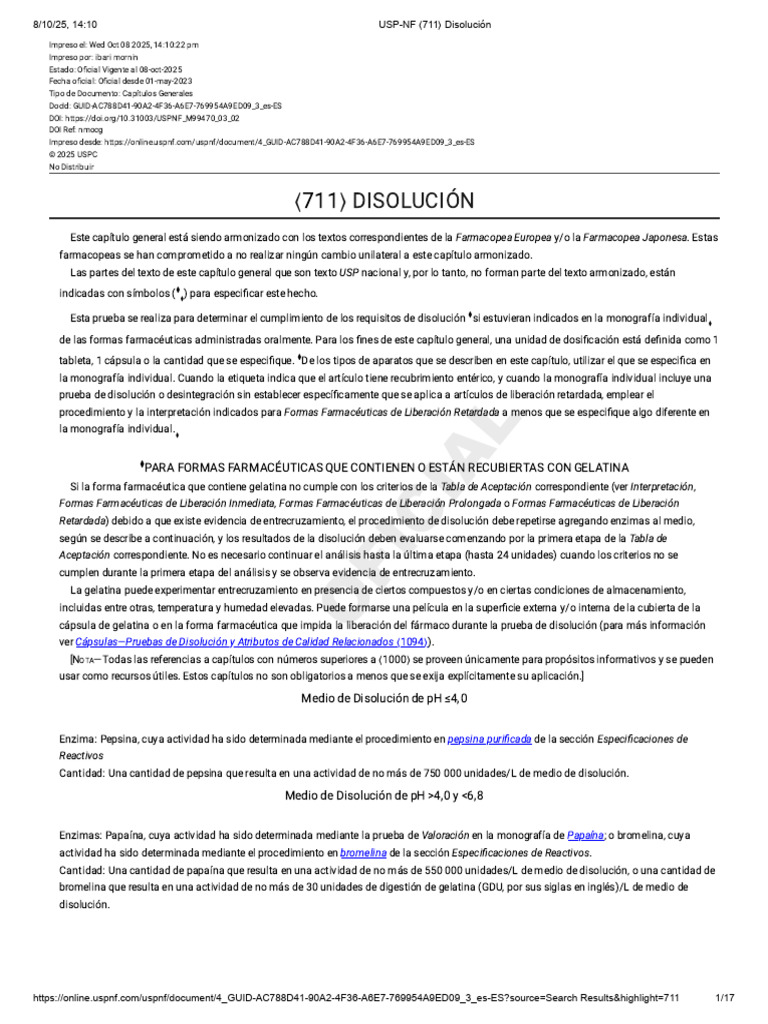 USP-NF 711 Disolución | PDF | Medicamentos con receta | Farmacia