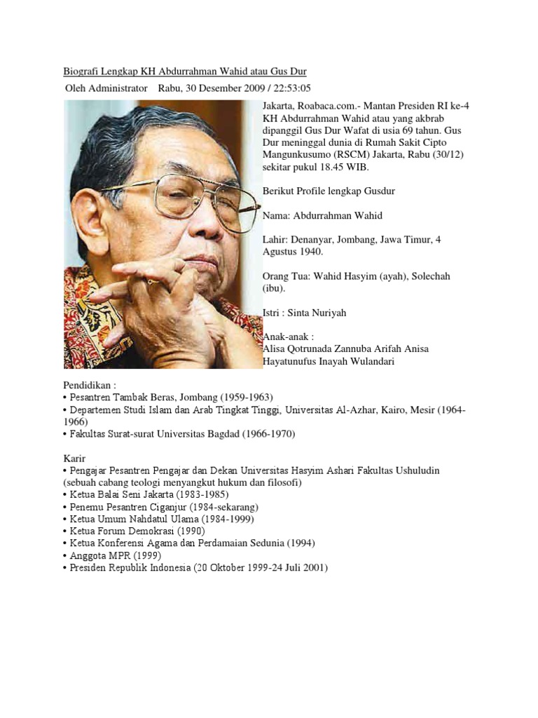 Biografi Lengkap KH Abdurrahman Wahid Atau Gus Dur