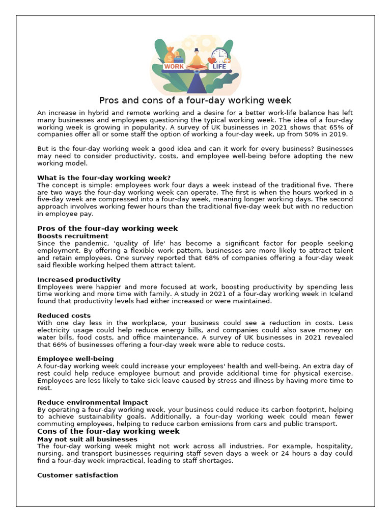 Four-Day Work Week: Pros and Cons | PDF | Labor | Business