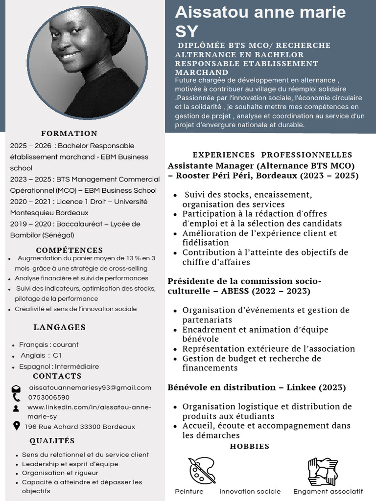 CV Aissatou Anne Marie Sy - BTS MCO | PDF | Innovation | Business