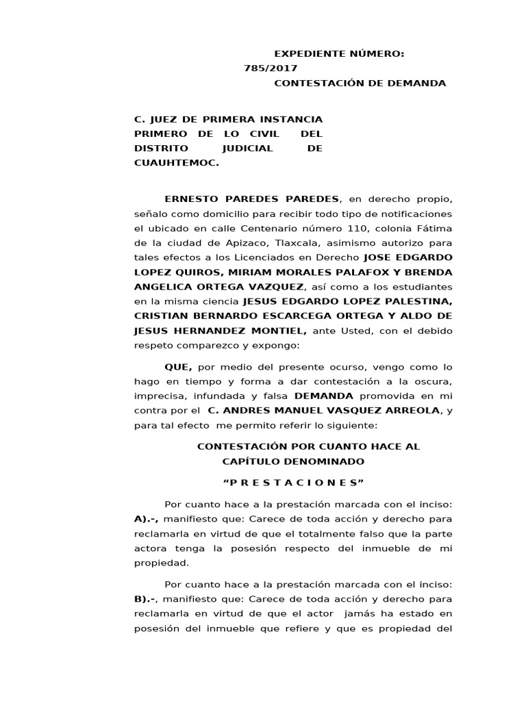 Contestación a Demanda de Propiedad | PDF | Propiedad | Demanda judicial