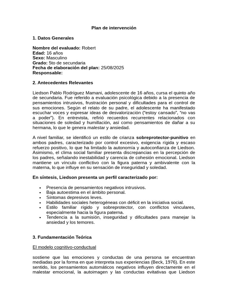 Plan de Intervención Psicológica para Adolescente | PDF | Las emociones ...