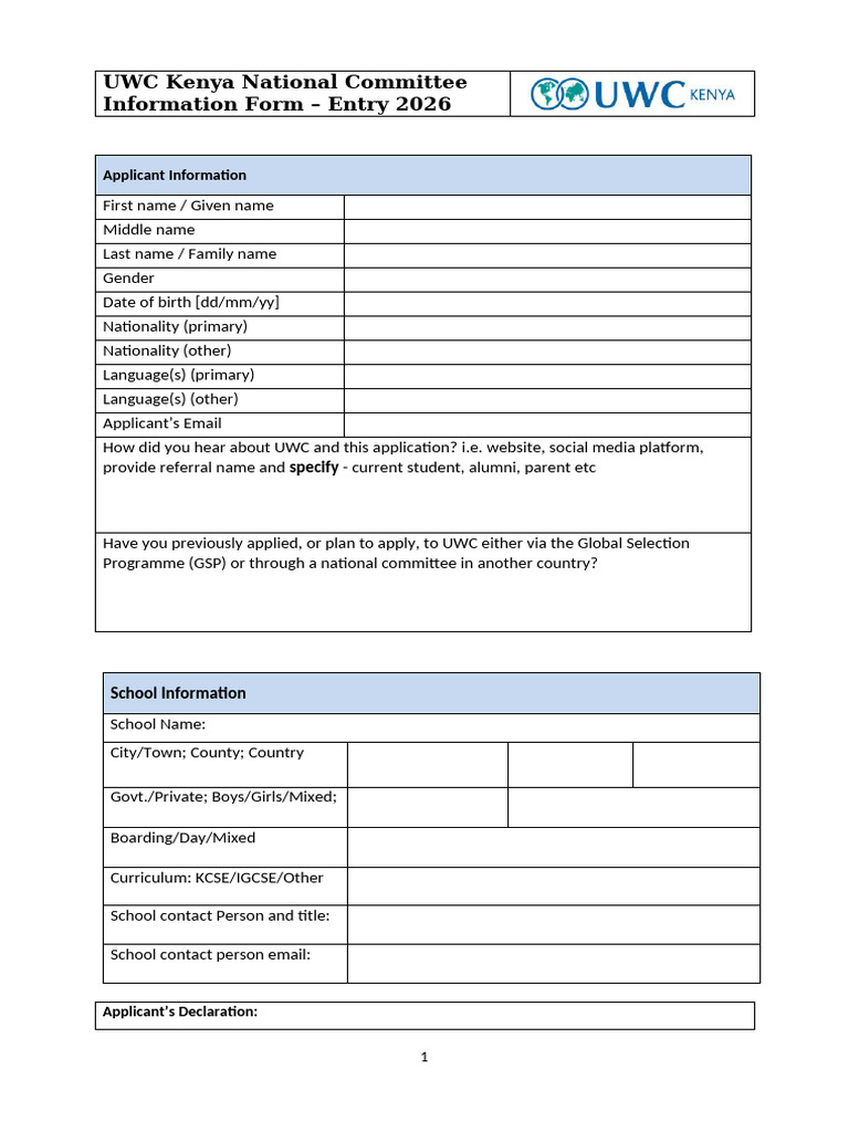 Uwc Kenyaentry 2026applicant Information Form.362737425 | PDF ...