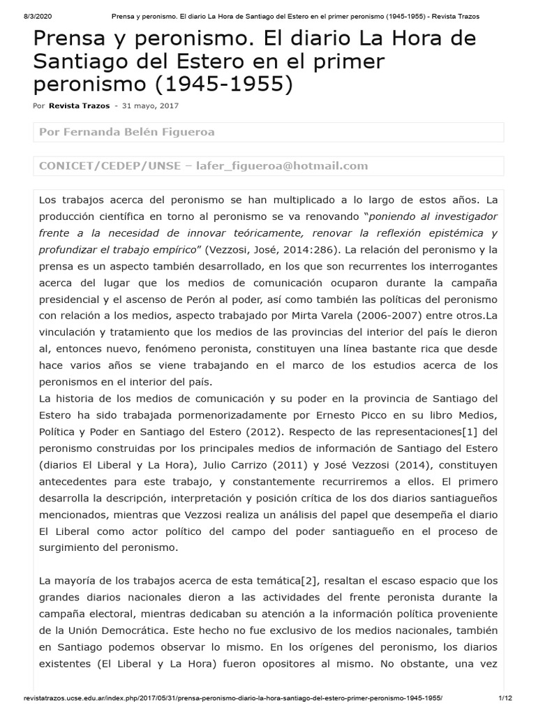 Prensa y Peronismo. El Diario La Hora de Santiago Del Estero en El ...