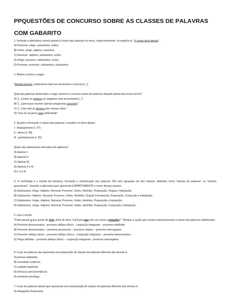 Questões de Concurso: Classes de Palavras | PDF | Pronome | Classe ...