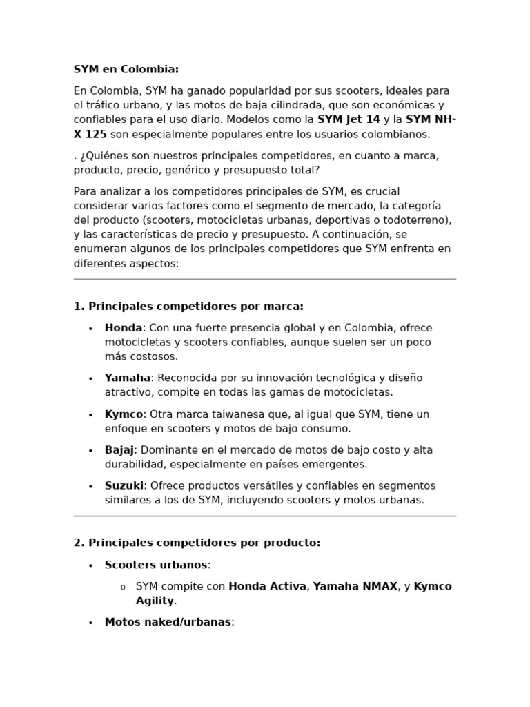 Competencia de SYM en el Mercado Colombiano | PDF | Honda | Marca