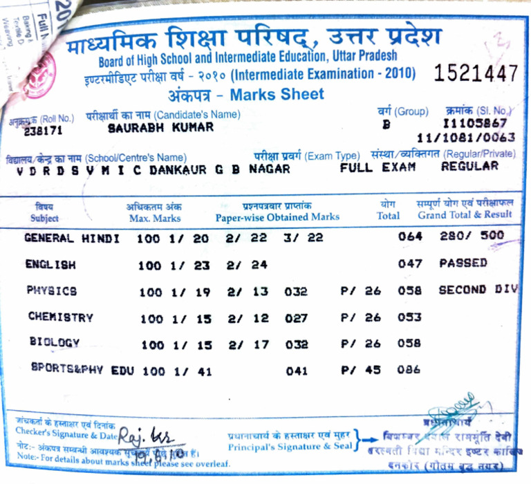 UP Board Intermediate Exam Marks Sheet | PDF