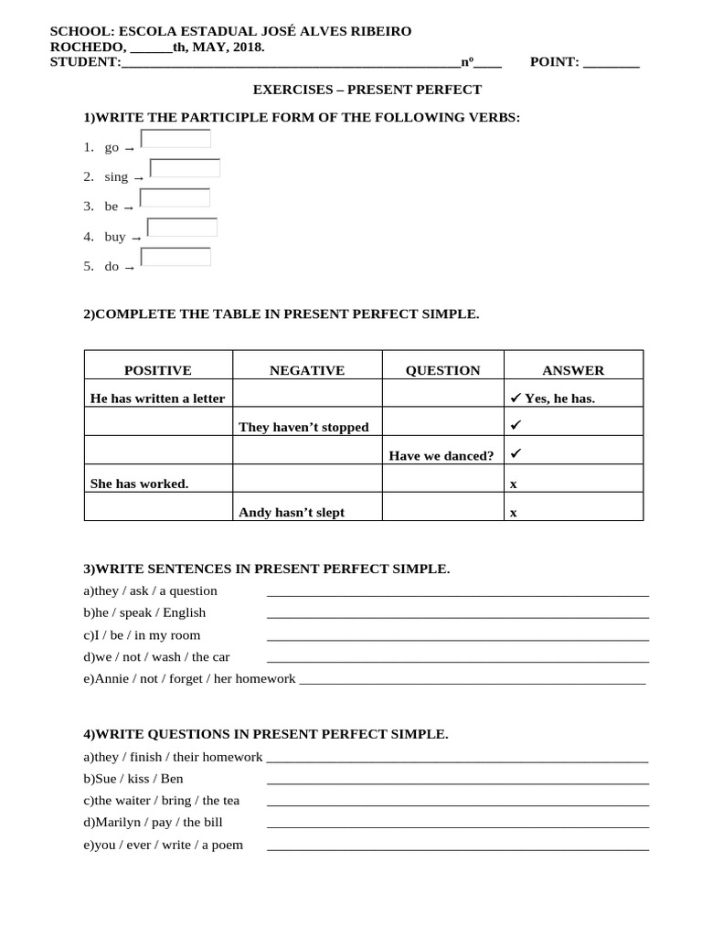 Exercises Present Perfect | PDF