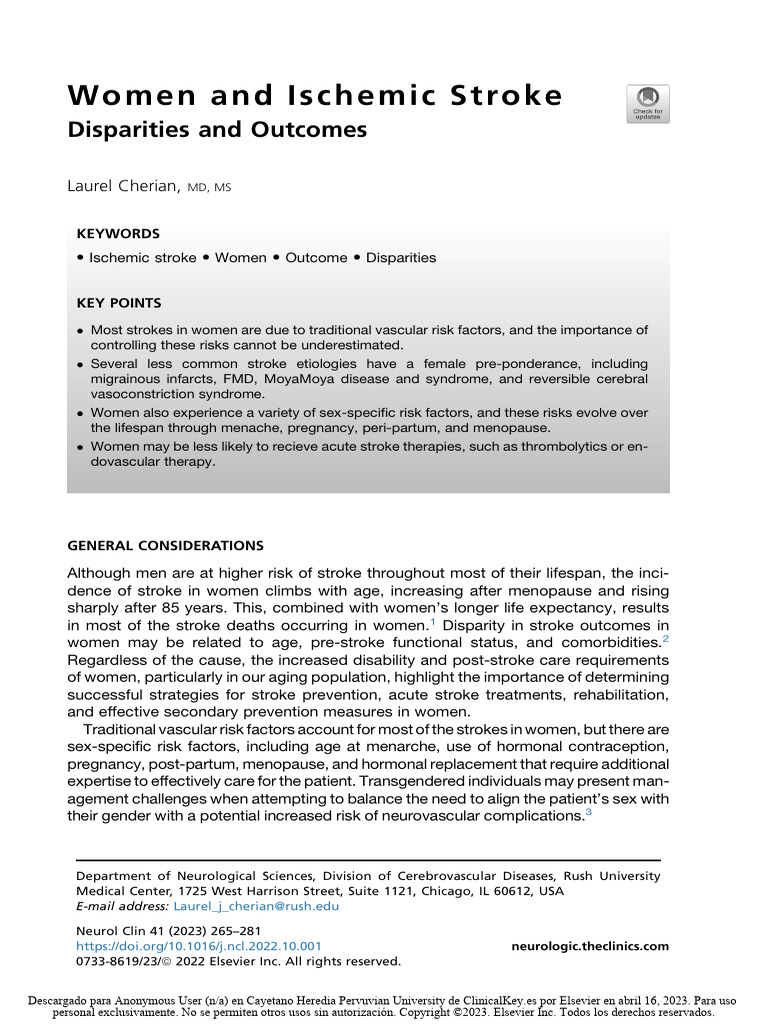 Women and Ischemic Stroke Outcomes | PDF | Stroke | Cholesterol