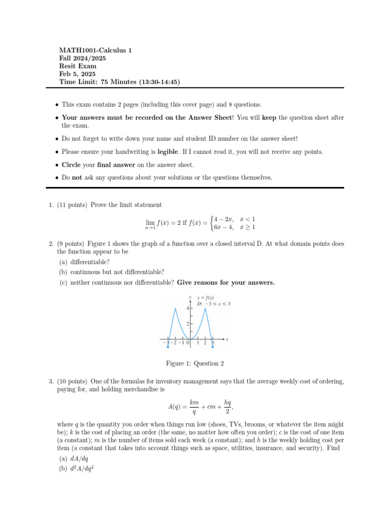 MATH1001 Resit Exam 2024-2025 | PDF | Tests | Qualifications