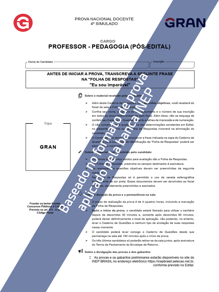 Instruções para Prova de Pedagogia | PDF | Pedagogia | Aprendizado