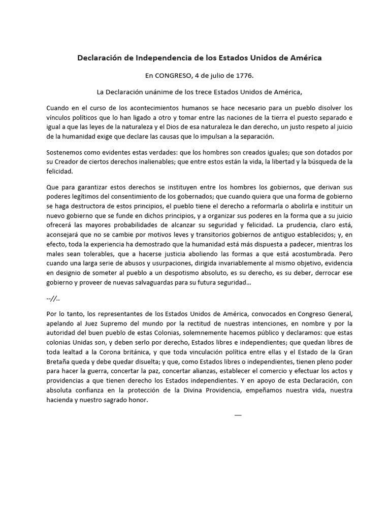 Declaración de Independencia de Los Estados Unidos de América | PDF ...