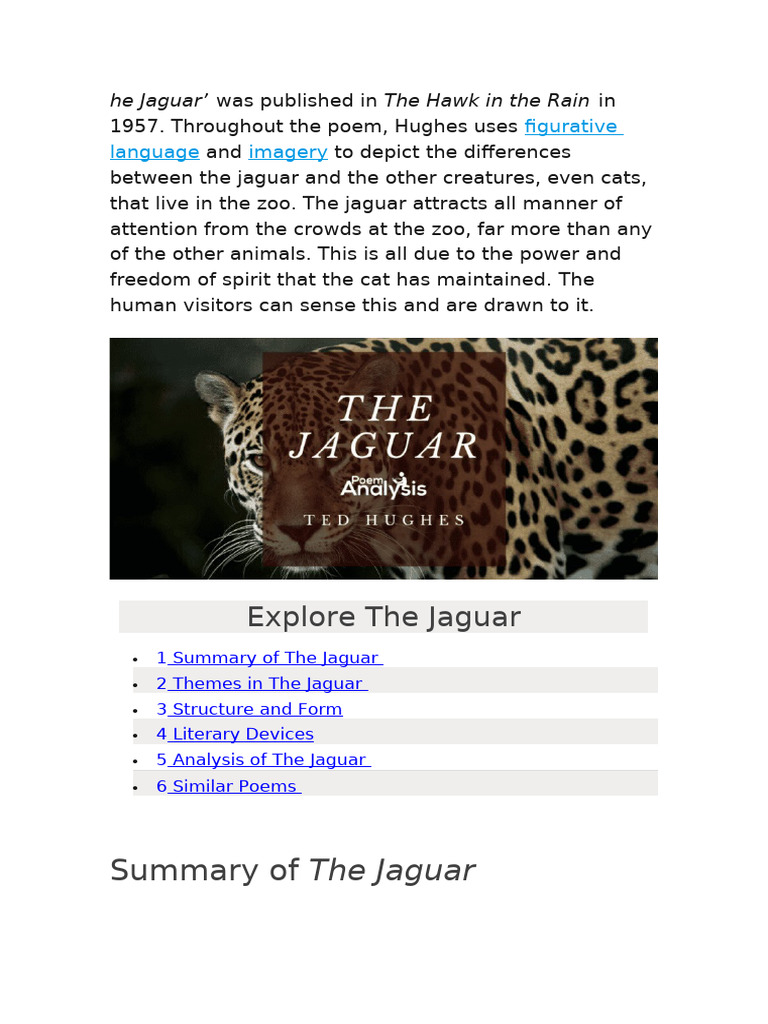 Analysis of Ted Hughes' The Jaguar | PDF | Poetry | Rhyme