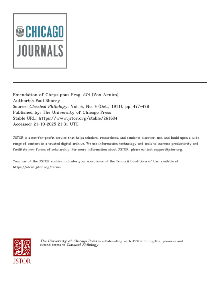 Shorey EmendationChrysippusFrag 1911 | PDF