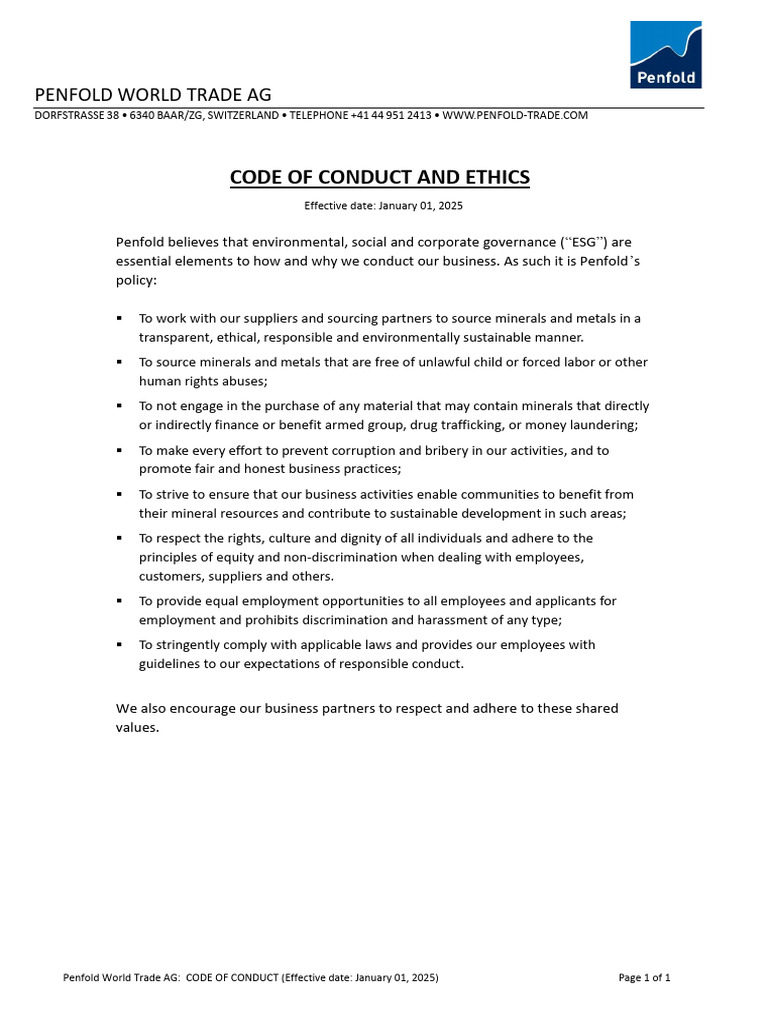 Penfold World Trade AG Code of Conduct | PDF