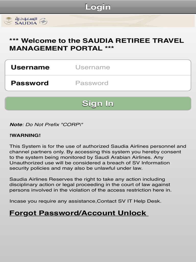 Saudia Retiree Travel Portal Login | PDF