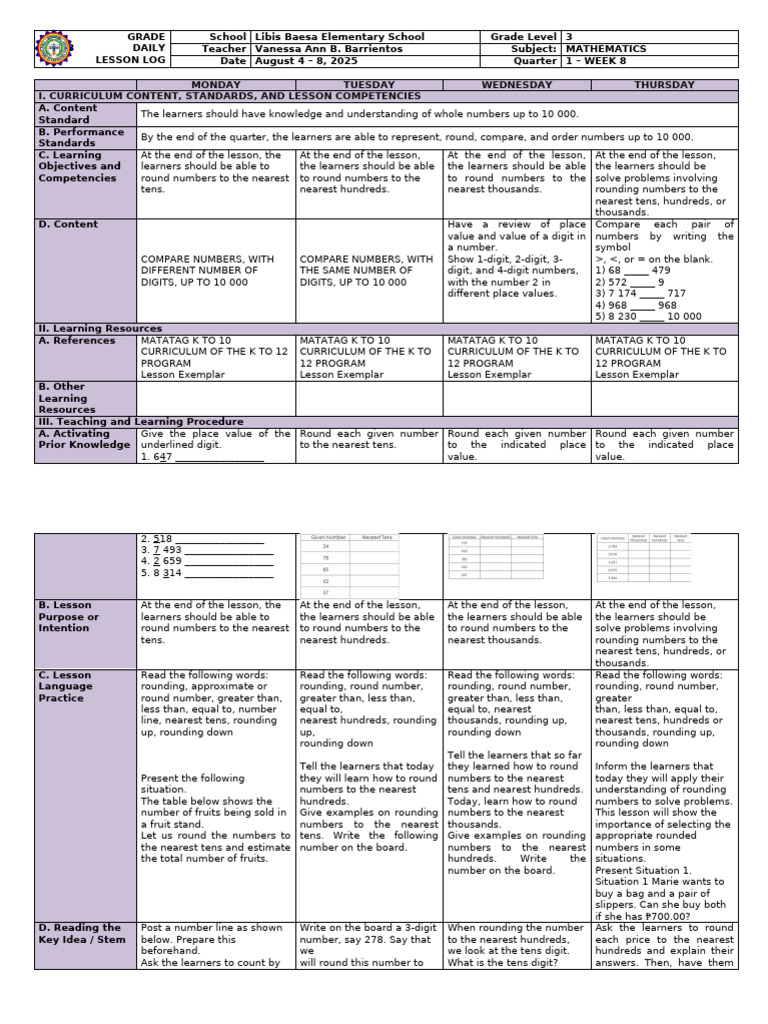 Grade 3 Math Lesson: Rounding Numbers | PDF | Cognition | Behavior ...