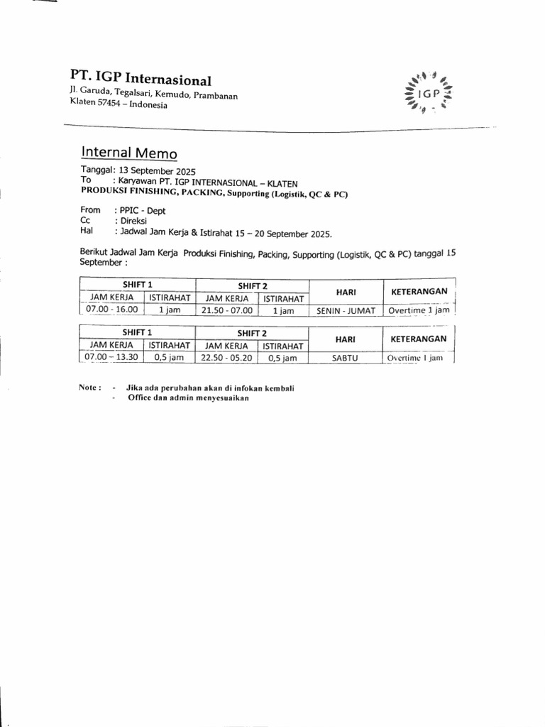 Internal Memo 15-20 September 2025 | PDF