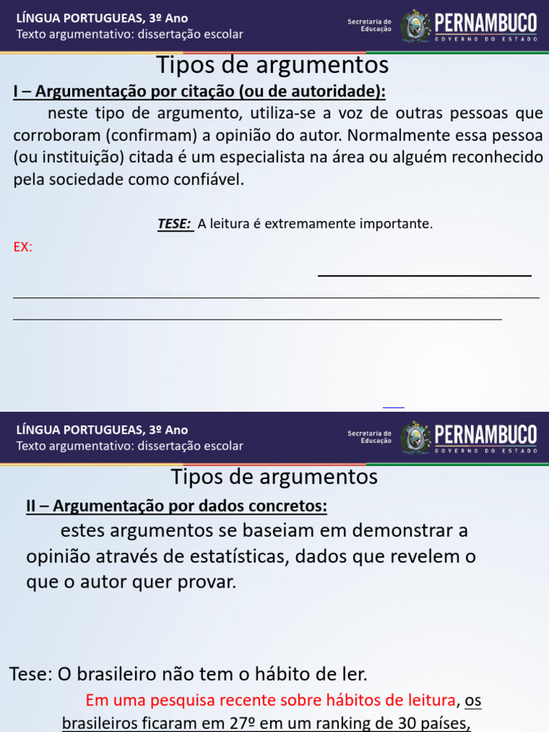 Tipos de Argumentos na Redação Escolar | PDF | Alfabetização