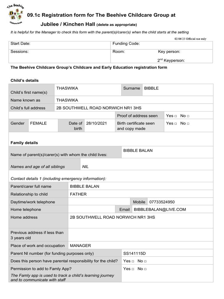 Beehive Childcare Registration Form | PDF
