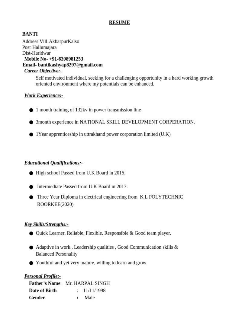 Electrical Engineering Resume of Banti | PDF