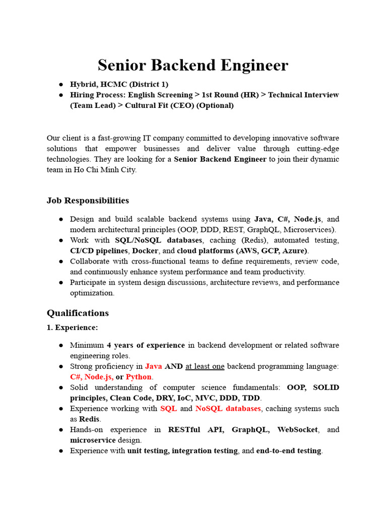 Senior Backend Engineer Job in HCMC | PDF | Cloud Computing ...