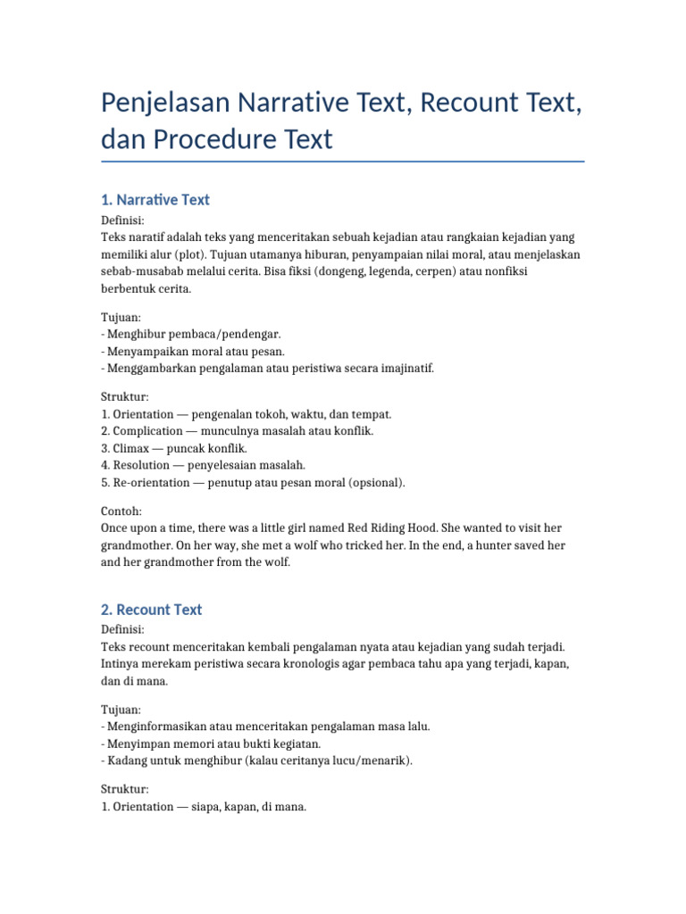 Perbedaan Narrative, Recount, dan Procedure Text | PDF