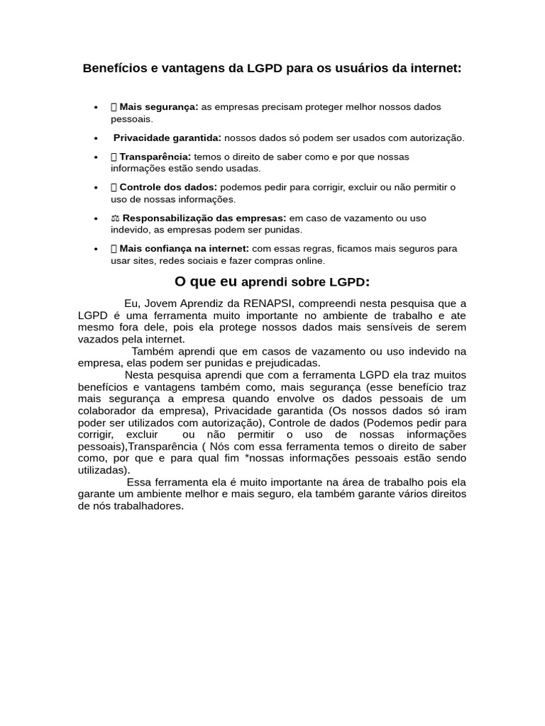 Benefícios e Vantagens Da LGPD para Os Usuários Da Internet | PDF