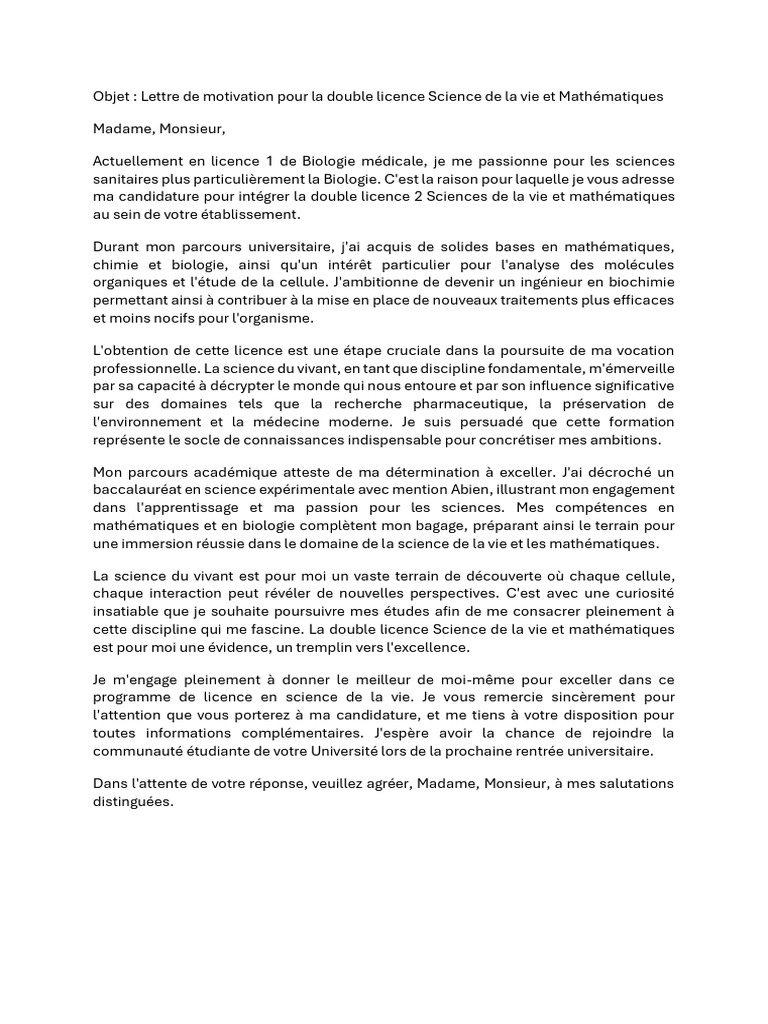 Lettre de motivation double licence SV et Maths | PDF | Science ...