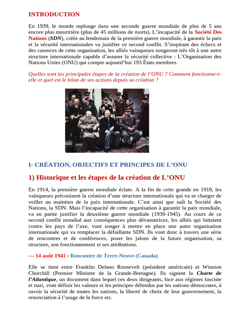 Histoire et fonctionnement de l'ONU | PDF | Nations unies | Relations ...