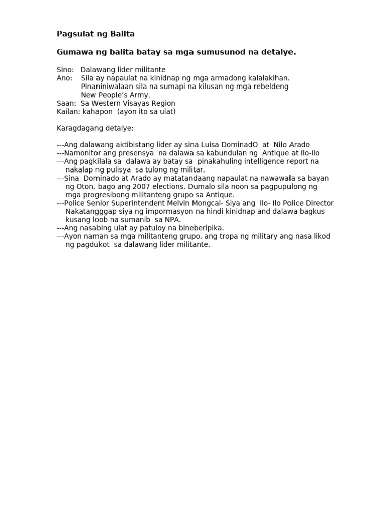 Balita Exercise 10 | PDF