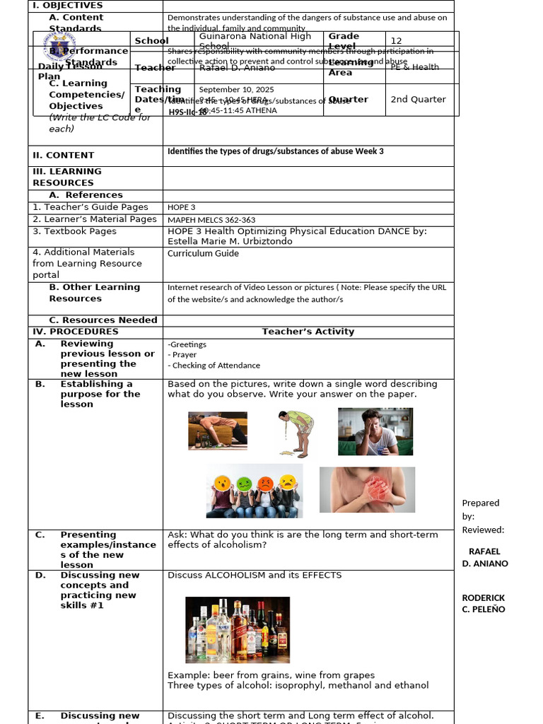Grade 12 PE & Health Lesson Plan | PDF | Teachers | Learning