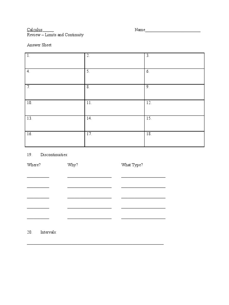 REVIEW - Worksheet - Limits and Continuity | Mathematical Analysis