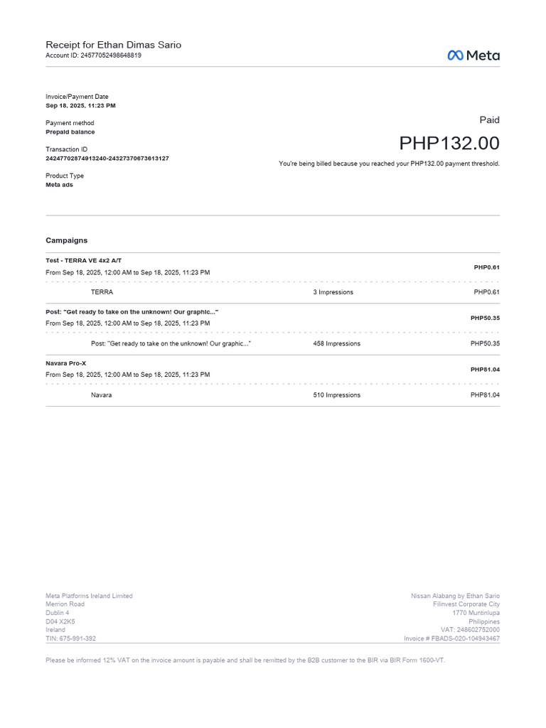 Meta Ads Receipt for Ethan Sario | PDF | Invoice | Government Finances