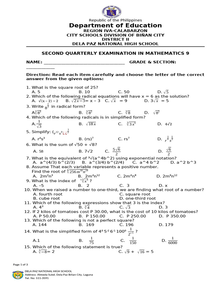 DTC - PT Math 9 q2 Melc Key v2 | PDF | Numbers | Area