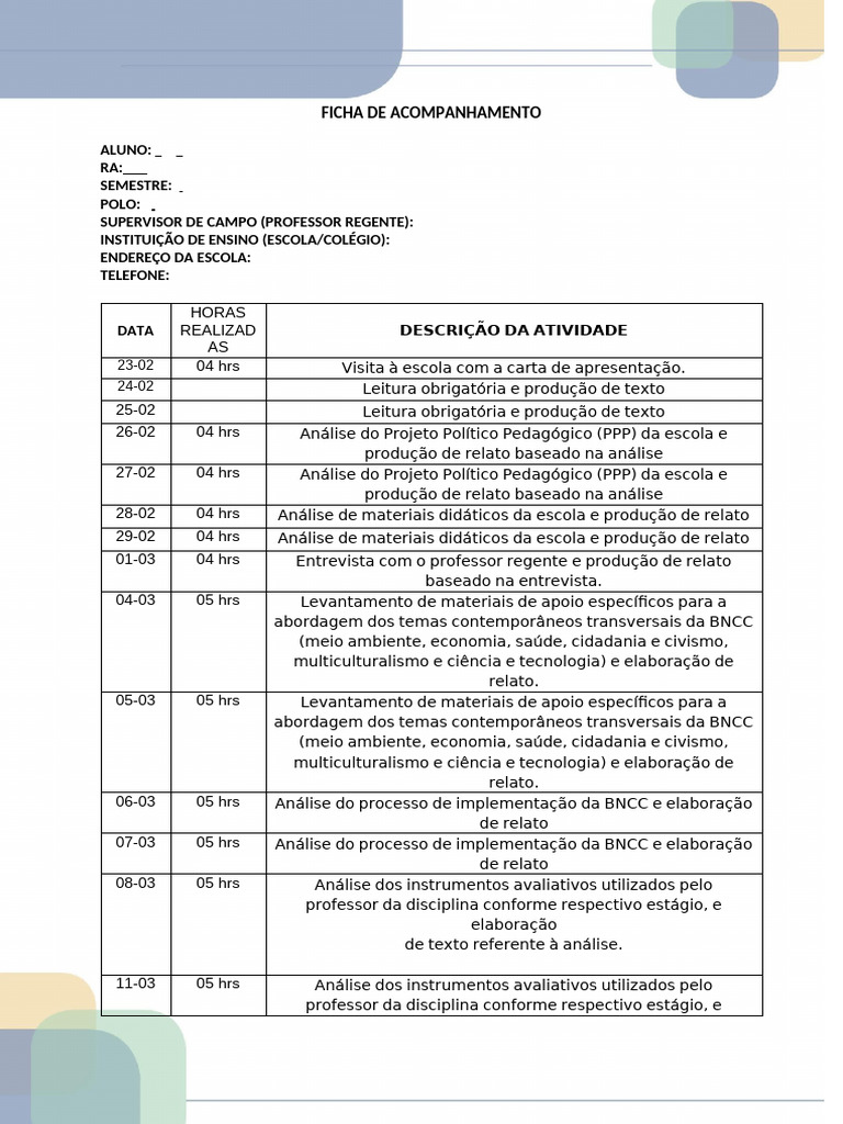 Ficha de Acompanhamento - 150 Horas | PDF | Pedagogia