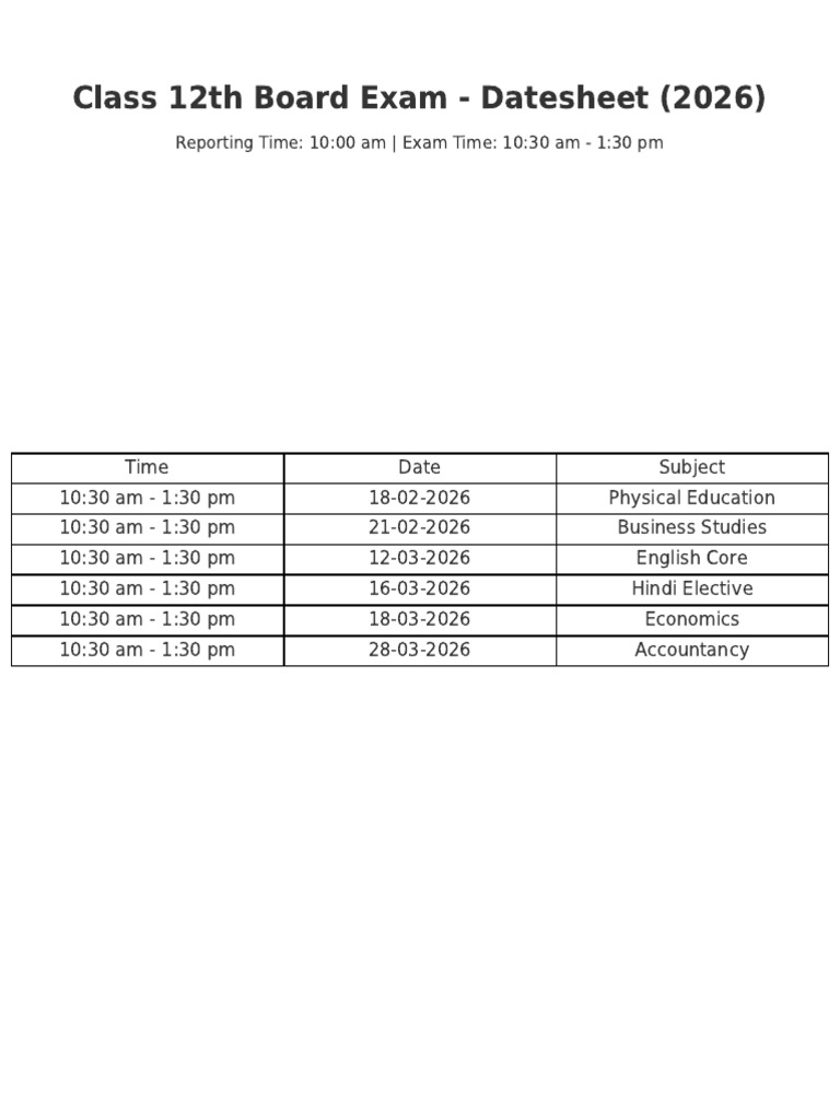 2026 Class 12 Board Exam Datesheet | PDF