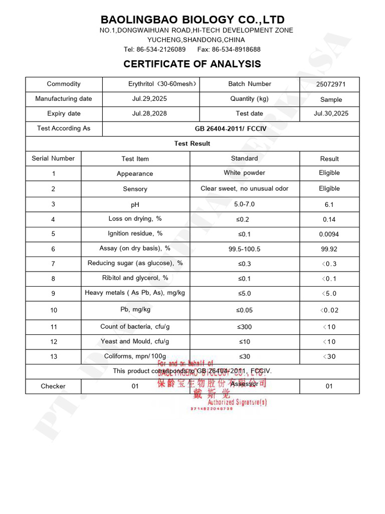 COA ERYTHRITOL 30-60 Mesh Baolingbao Sample 12.09.2025 - DCP-W | PDF